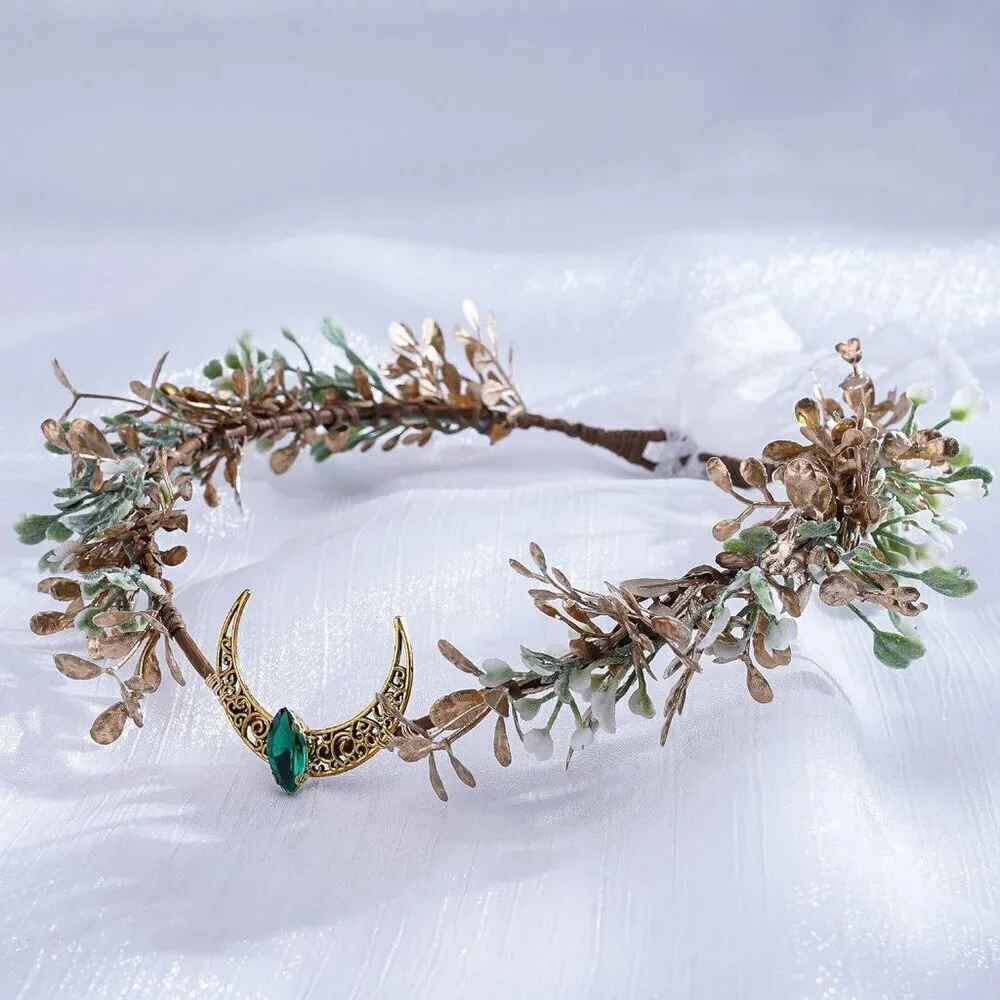 Gold Flower Moon Headpiece Floral Crown Elf Headband Bridal Festival Accessories